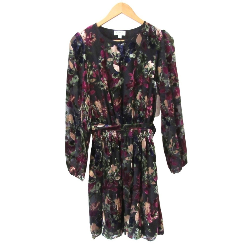 Evereve Ashlyn Velvet Dark Floral Dress XS Black Elastic Waist Puff Sleeves